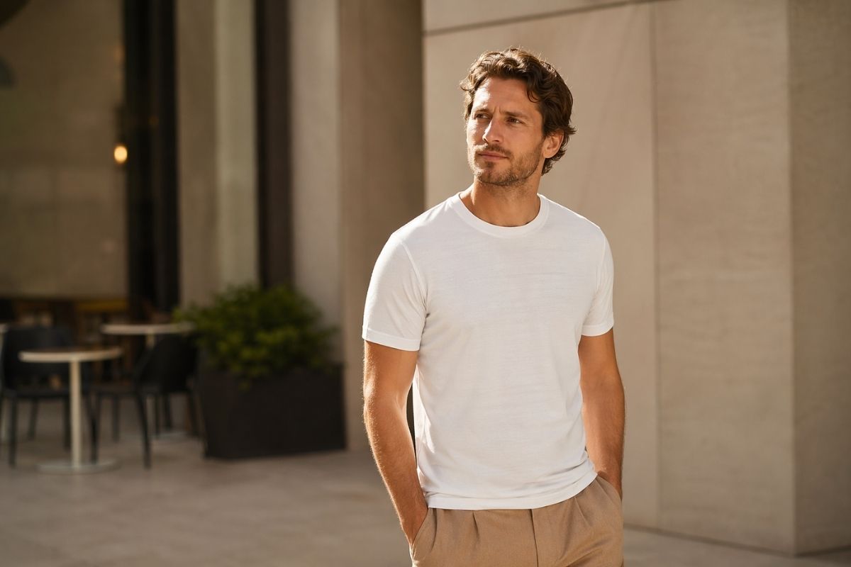 Mann in hellem Merinowolle-T-Shirt an einem Sommertag in der Stadt – Merinimalist