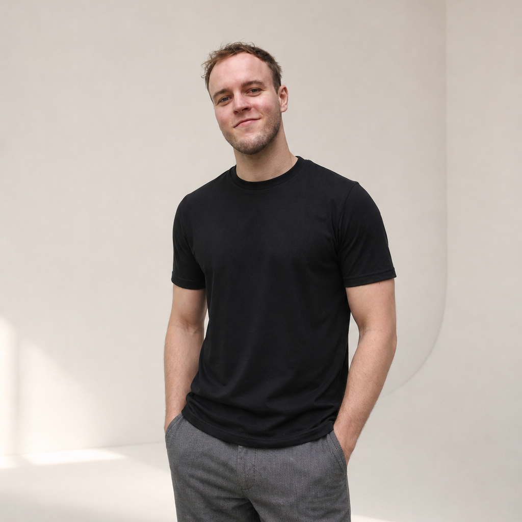 Merino T-Shirt Herren Schwarz – Merinowolle, 210 gsm, 18,9 Micron, Rundhals